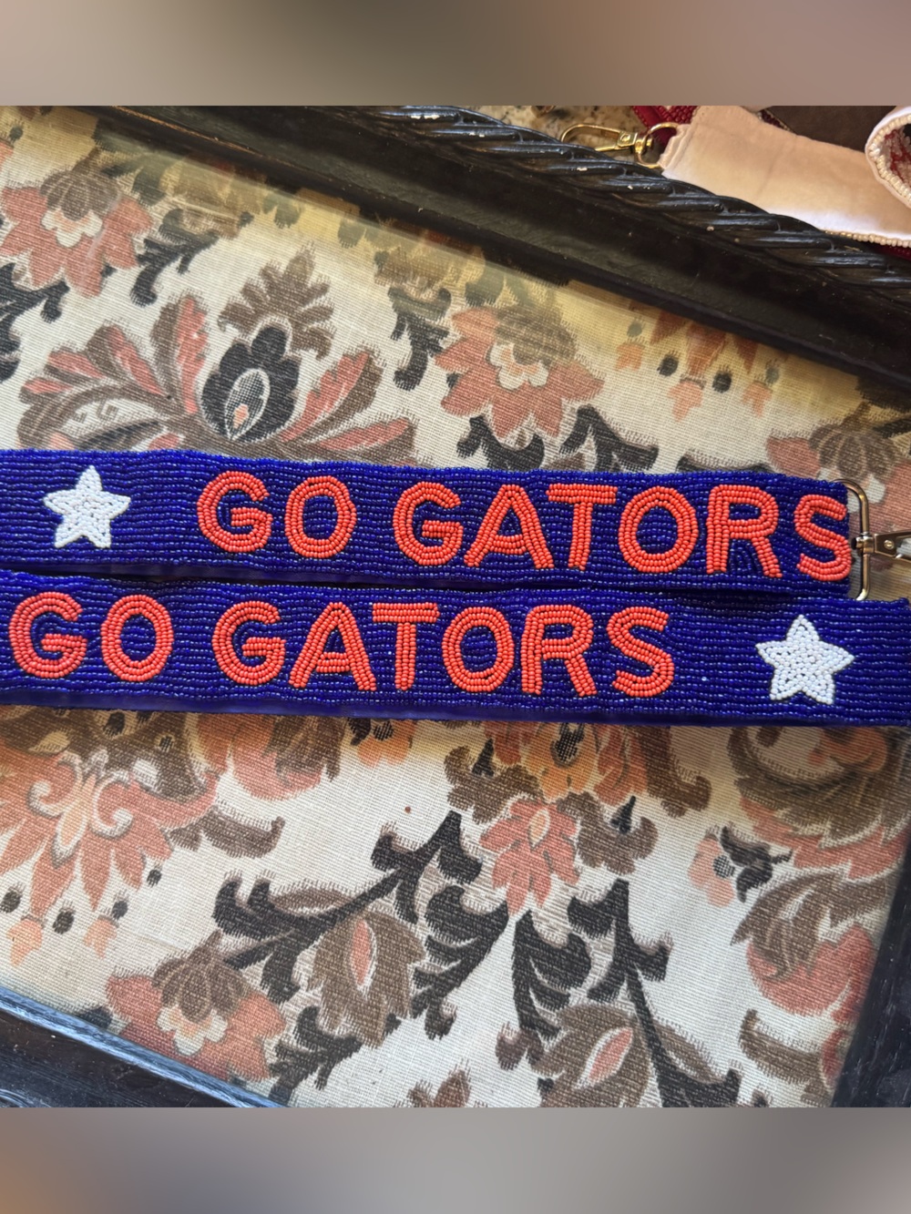 Hand Beaded Blue Go Gators Florida Game-Day Purse Strap, Gold Hardware